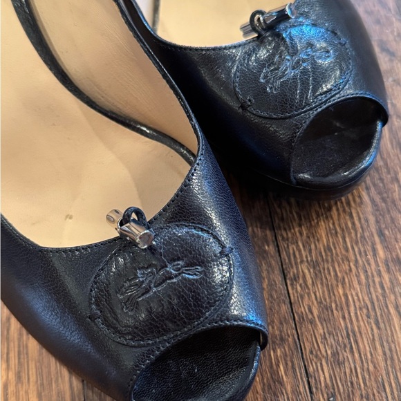 Longchamp Black Heels with Elegant Peep-Toe Design and Horse Logo Size 10 (41) - Picture 3 of 6